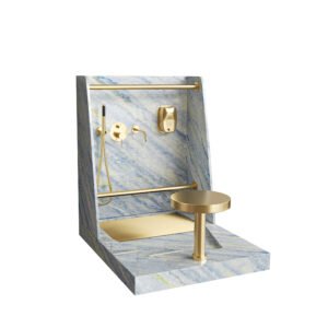 Blue Marble Wudu Sink with Gold Fixtures | Solid Surface Mosque Ablution Basin